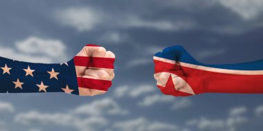 İnsanların mücadelesi kavramı. İki el birbirine sıkıca bağlanır ve ülkelerin bayraklarının renklerine boyanır. Amerika - Kuzey Kore