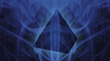 Parlayan geometrik piramit. Suda mürekkep. Mavi neon