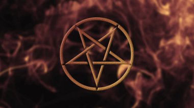 Çemberin içinde ters çevrilmiş bir pentagram. Kırmızı-sarı dumanın bulanık arka planı. 3B görüntüleme