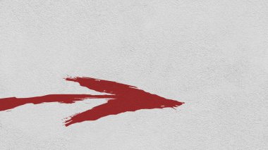 Duvarda kırmızı ok işareti var. Beyaz beton duvar. Arka plan yüzeyi