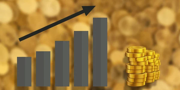 Groeiende Staafdiagram Met Pijl Gouden Munten Stapels Wazige Achtergrond Weergave — Stockfoto