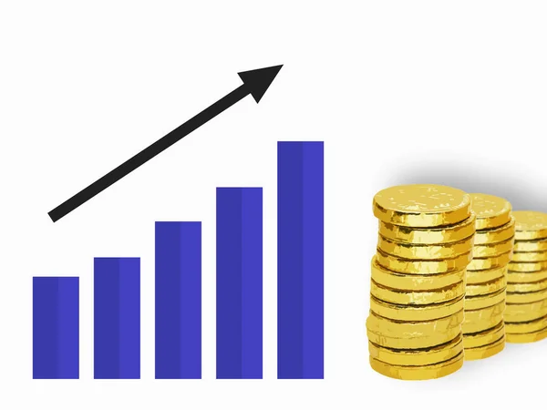 Граф Стрелками Синие Столбы Белом Фоне Куча Золотых Монет Рендеринг — стоковое фото