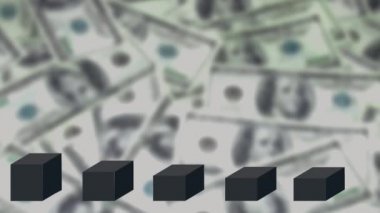 Siyah sütunlar şeklinde büyüyen bir histogram. Banknotların bulanık arkaplanı. 3 Boyutlu Canlandırma