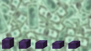 Mor sütunlar şeklinde büyüyen bir histogram. Banknotların bulanık arkaplanı. 3 Boyutlu Canlandırma