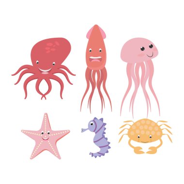 Su altı hayvanları seti, basit vektör illüstrasyonu   