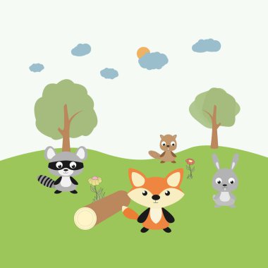 Ormandaki sevimli hayvanlar, basit vektör çizimleri.   