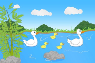 Nehirdeki şirin ördekler, basit vektör çizimi   