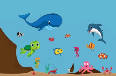 şirin deniz hayvanı koleksiyonu, basit vektör illüstrasyonu   