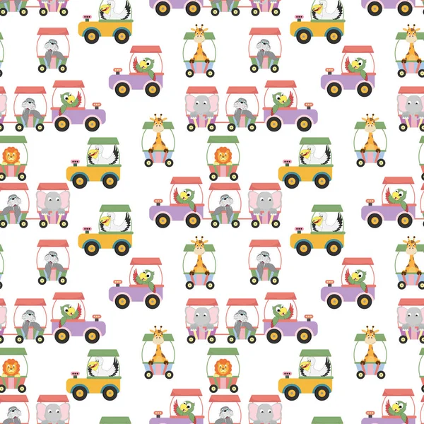 Trains Avec Des Animaux Mignons Motif Sans Couture Espace Copie — Image vectorielle