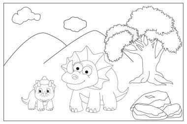 Şirin dinozorları olan çocuklar için boyama sayfaları, basit vektör illüstrasyonu   