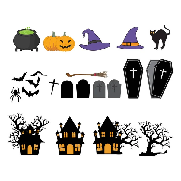 Pacote de ilustração de halloween estilo de desenho animado doodle coleção  de design plano coisas assustadoras truques ou travessuras