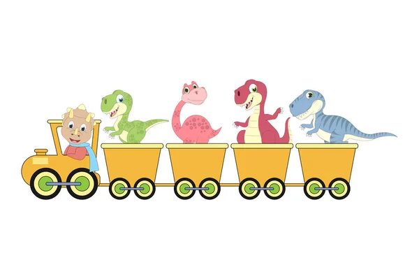電車の中でかわいい恐竜 単純なベクトル図 — ストックベクタ