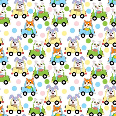 sevimli hayvan çizgi film sürücüsü arabasıyla desen tasarımı, kopyalama alanı