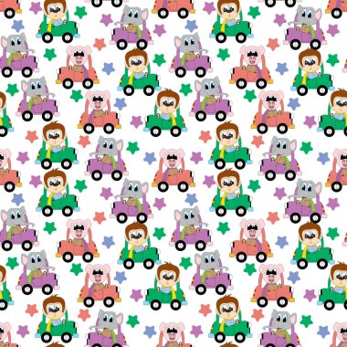 sevimli hayvan çizgi film sürücüsü arabasıyla desen tasarımı, kopyalama alanı