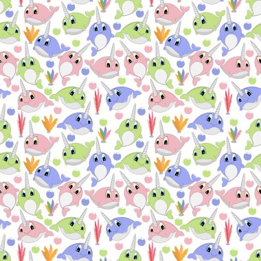 Şirin deniz gergedanı hayvan karikatür süsü ile kusursuz desen, kopyalama alanı