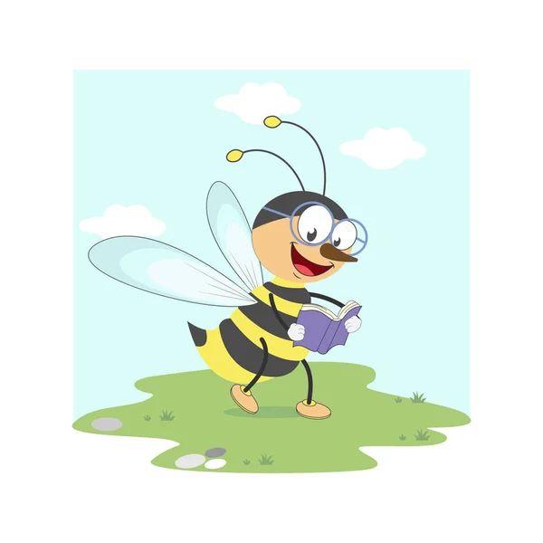 Cute Bee Animal Cartoon Reading Book Simple Vector Illustration Design — Stock Vector