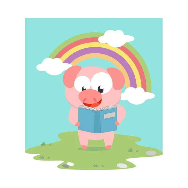 Niedliches Schwein Tier Cartoon Lesen Eines Buches Einfache Vektor Illustration — Stockvektor