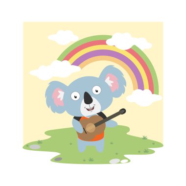 Gitar çalan sevimli koala çizgi filmi, basit vektör illüstrasyon tasarımı