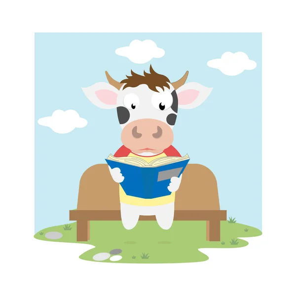 Χαριτωμένο Αγελάδα Κινουμένων Σχεδίων Ανάγνωση Ενός Βιβλίου Απλό Διανυσματικό Σχεδιασμό — Διανυσματικό Αρχείο
