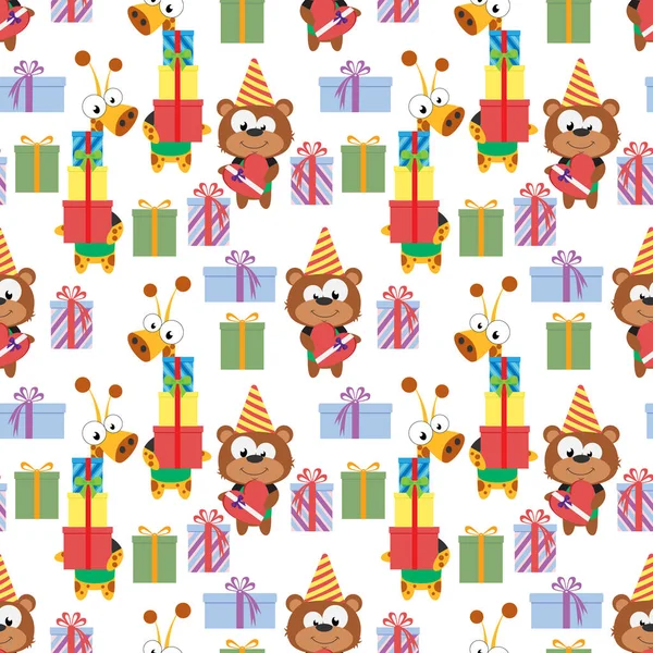 Design Padrão Sem Costura Com Bonito Urso Girafa Aniversário Animal —  Vetores de Stock