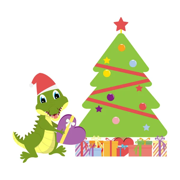 Niedlicher Alligator Cartoon Auf Weihnachtsgrafik — Stockvektor