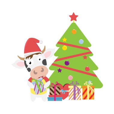 Noel 'de şirin inek karikatürü, basit vektör çizimi