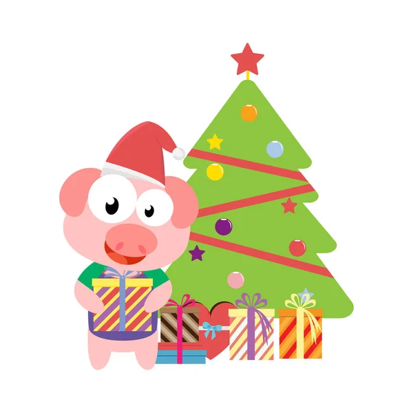 Niedlichen Schwein Cartoon Auf Weihnachten Einfache Vektor Illustration Design — Stockvektor