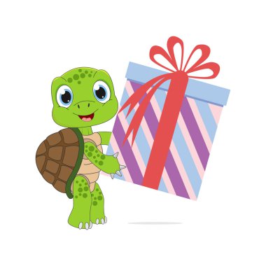 Büyük hediyeli şirin kaplumbağa çizgi filmi, basit vektör çizim tasarımı