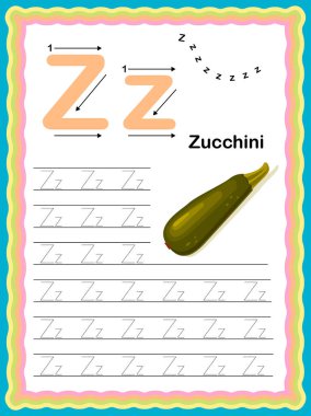 Z büyük harfi ve küçük harf izleme alfabesi sebzeler ve meyve günlük çalışma tablosu ile başlar, yazdırılabilir A4 boyutu - çocuklar için renkli vektör illüstrasyon alıştırması