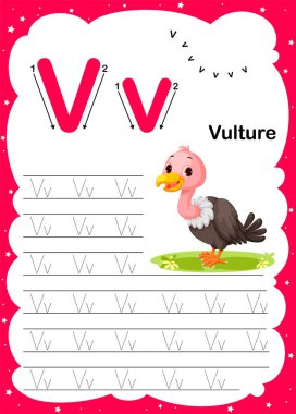 V büyük harfi ve küçük harf A-Z, günlük basılabilir A4 çalışma kağıdını çocuklar için vektör illüstrasyon alıştırması