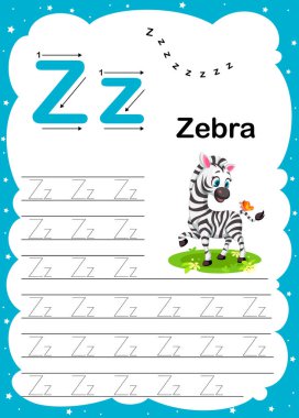 Z büyük harfi ve küçük harf A-Z, günlük basılabilir A4 çalışma kağıdını çocuklar için vektör illüstrasyon alıştırması