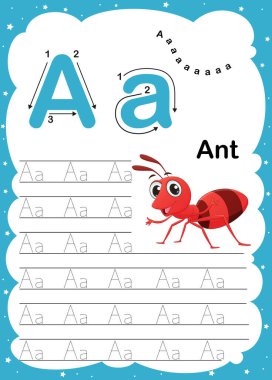 Renkli harf A Büyük ve Küçük harf A-Z, çocuklar için vektör illüstrasyon alıştırması - çizgi film hayvanları ile günlük yazdırılabilir A4 çalışma tablosu