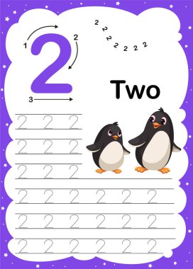 Renkli İki Numara, çocuklar saymayı ve yazmayı öğrensin diye şirin çizgi film hayvanlarıyla birlikte basılabilir A4 çalışma kâğıdı.