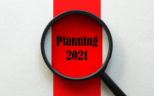 Magnifier Text Planning 2021 White Red Background — Stock Photo, Image