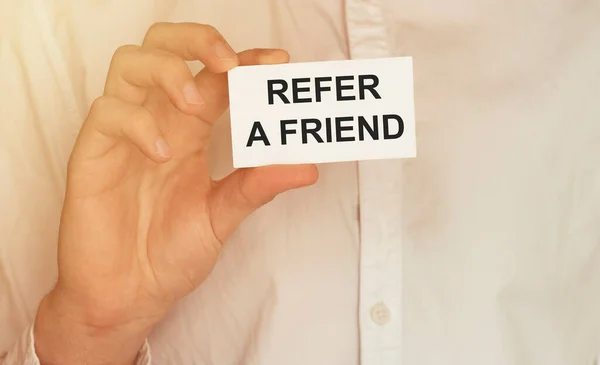 Man Take Paper Text Refer Friend Shirt — Stock Photo, Image