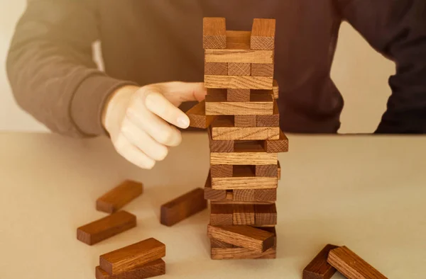 Blöcke Holz Spiel Jenga Auf Holztisch — Stockfoto