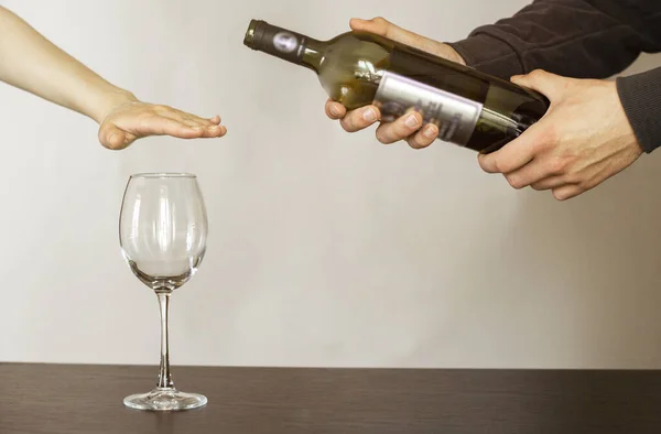 Woman Refusing More Alcohol Wine Bottle Bar — Stock Photo, Image