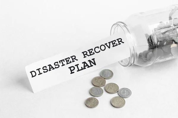 Sporgere Barattolo Monete Pezzo Carta Con Testo Disaster Recover Plan — Foto Stock