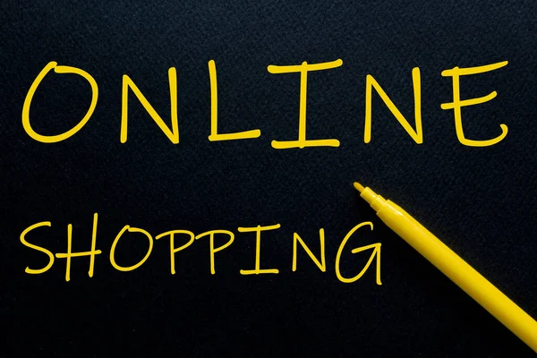 ONLINE SHOPPING Yellow Pen with yellow text own rent at the black background