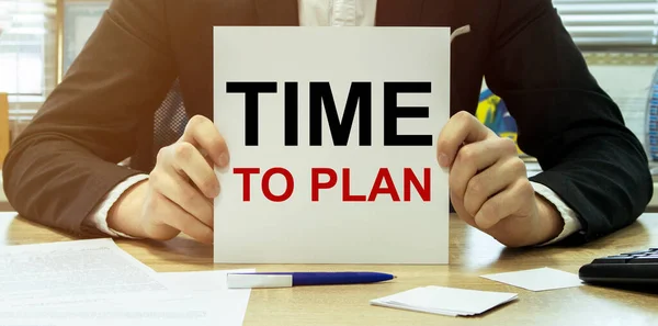 Man Take Paper Text Time Plan Shirt Office Background — Stock Photo, Image