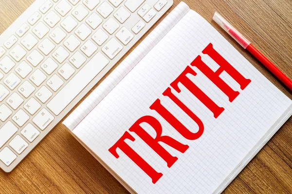 White Notebook Text Truth Lies Wooden Surface White Keyboard Red — Stock Photo, Image