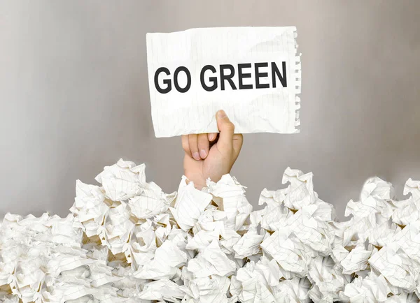 Male Hand Take Paper Text Green Lot Another Paper — Stock Photo, Image