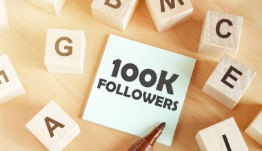 Alfabedeki harflerin olduğu tahta küpler, üzerinde 100K yazan bir kağıt parçası, ortada da tahta bir masa var.