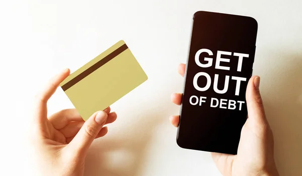 Goldkarte Und Telefon Mit Textkatastrophen Wiederherstellungsplan Get Out Debt Female — Stockfoto