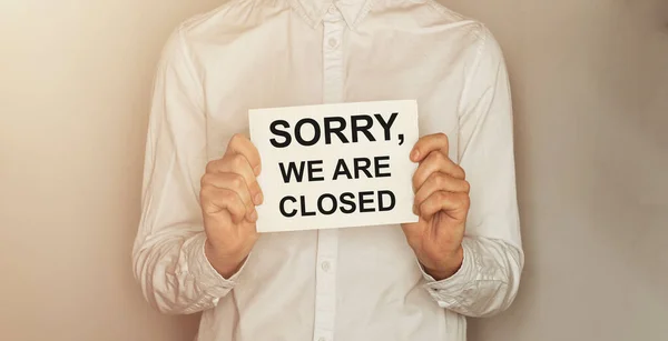 Man Take Paper Text Sorry Closed Shirt Office Background — Stock Photo, Image
