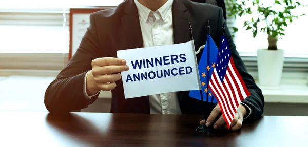 Man Take Flag Text Winners Announced Flags Office Background — Stock fotografie