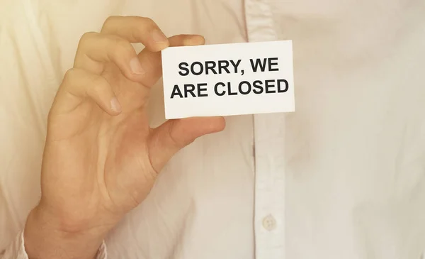 Man Take Paper Text Sorry Closed Shirt — Stock Photo, Image