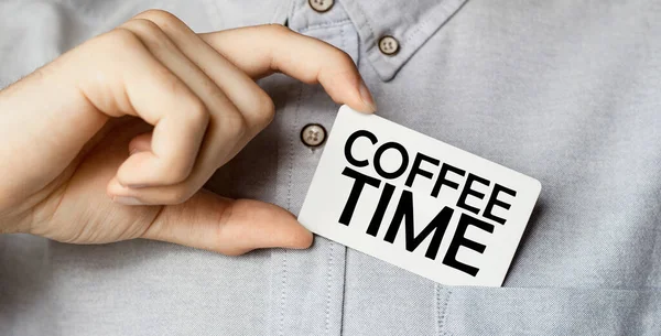 Man Businessman Blue Shirt Holds Card Pocket Text Coffee Time — Stock Photo, Image