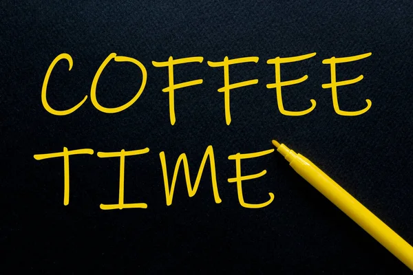 Coffee Time Yellow Pen Yellow Text Own Rent Black Background — Stock Photo, Image