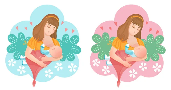 Woman Breastfeeding Newborn Baby Icon Set Mom Holds Her Little — Stock Vector